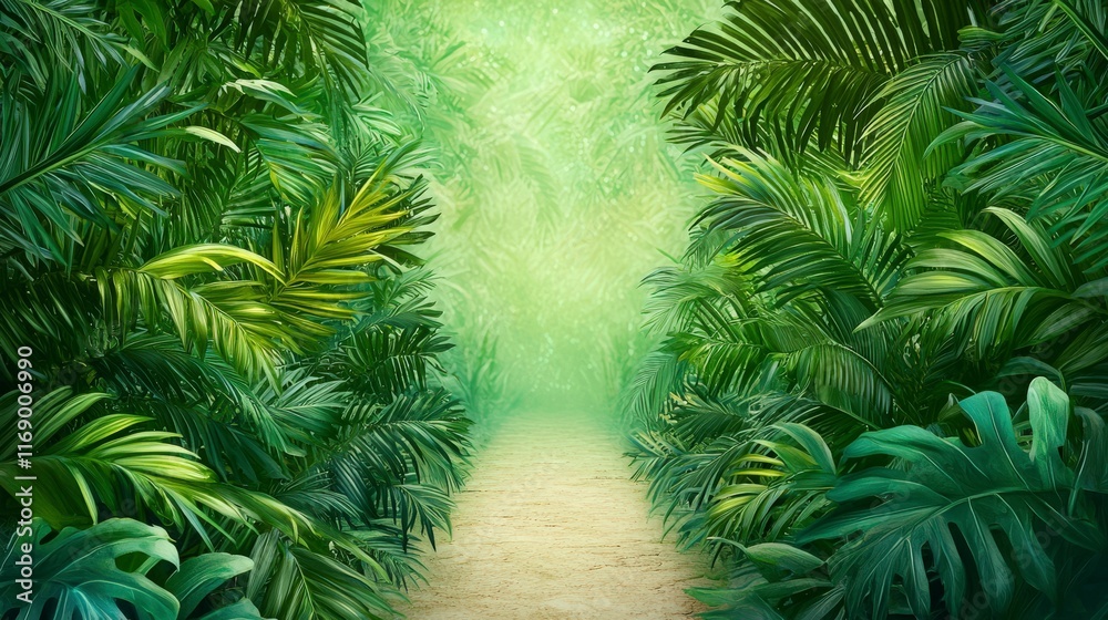 Fototapeta premium Lush Green Tropical Pathway Surrounded by Vibrant Foliage in a Relaxing Environment