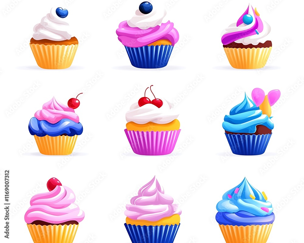 Nine colorful cupcakes with various frostings and toppings. Nine colorful cupcakes with various frostings and toppings.