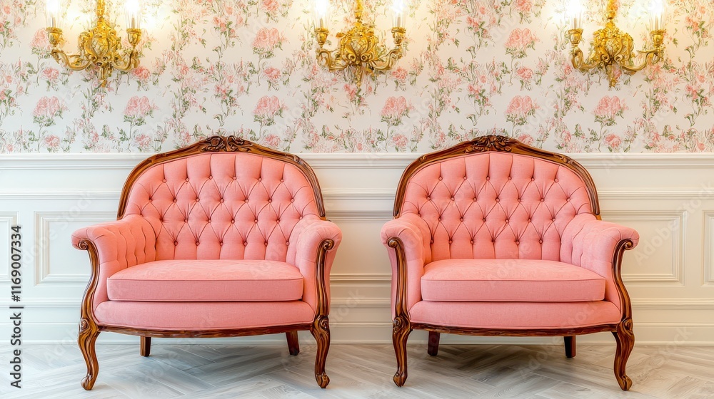 Fototapeta premium Elegant Pink Upholstered Armchairs in Classic Vintage Interior with Floral Wallpaper