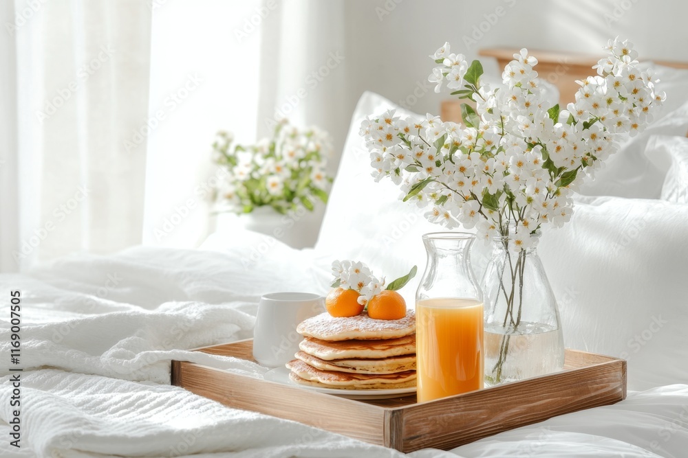 A tray of breakfast in bed, featuring a glass of orange juice, pancakes, and a small flower in a vase A tray of breakfast in bed, featuring a glass of orange juice, pancakes, and a small flower in a vase