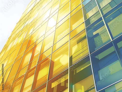 corporate business tower with sleek glass windows and sunlight reflecting off panels