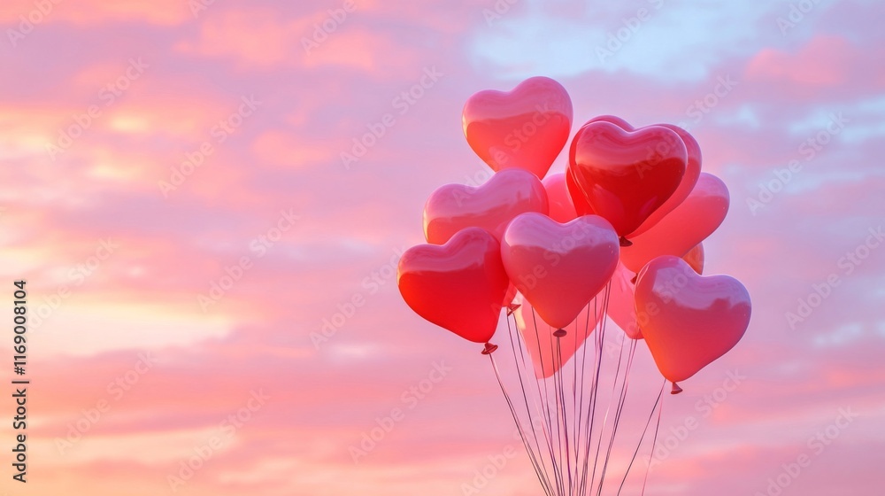 Fototapeta premium Heart shaped balloons float against a sunset sky