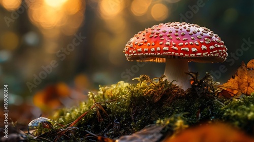 Red mushroom is sitting on a patch of moss. The mushroom is surrounded by leaves and the moss is green. The image has a peaceful and natural feel to it photo