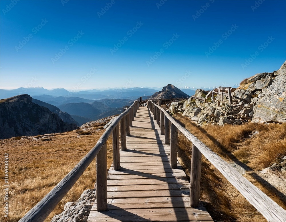narrow wooden walkway with railings leading to a mountain peak surrounded by rocky terrain and dried grass overlooking a valley and distant mountains under a clear blue sky narrow wooden walkway with railings leading to a mountain peak surrounded by rocky terrain and dried grass overlooking a valley and distant mountains under a clear blue sky
