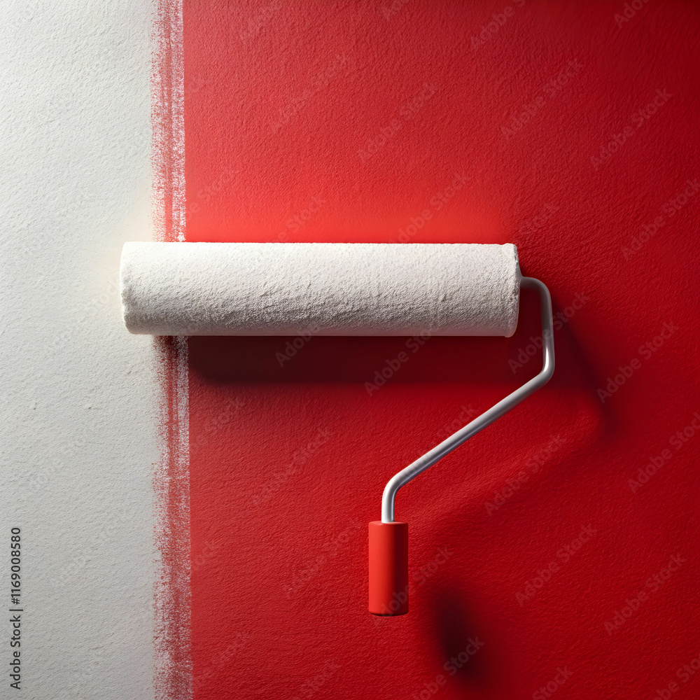 Fototapeta premium a white roller on a long red handle paints the wall