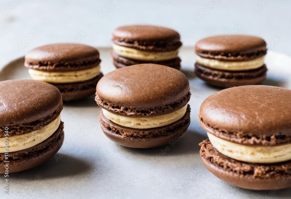 A plate of coffee-flavored macaroons with chocolate filling A plate of coffee-flavored macaroons with chocolate filling