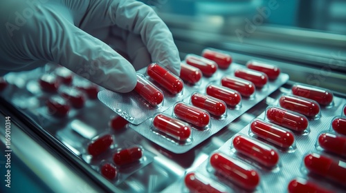 A vibrant image of red capsules being handled on a production line, representing the crucial role of design and quality in pharmaceutical manufacturing.