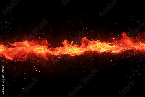 Fiery stream of orange and red flames on black background.