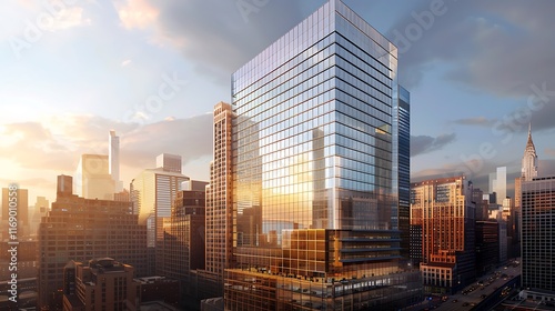 skyscraper with bold glass facade and daylight reflecting off building�s surface photo