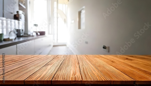 elegant light wooden table with design in white clean room background