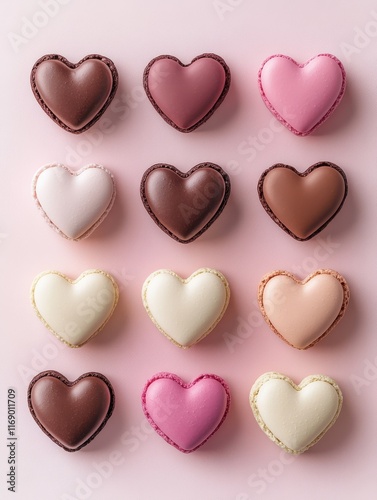 A flat lay of heart-shaped macarons in various shades AI Image