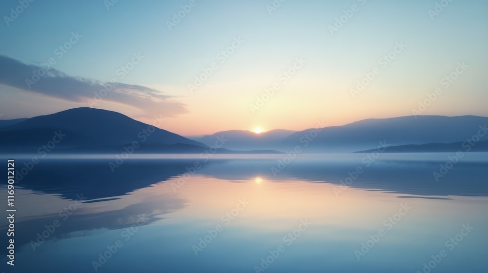 Serene Sunrise Over Misty Mountains and Calm Lake - Peaceful Nature Scene Serene Sunrise Over Misty Mountains and Calm Lake - Peaceful Nature Scene