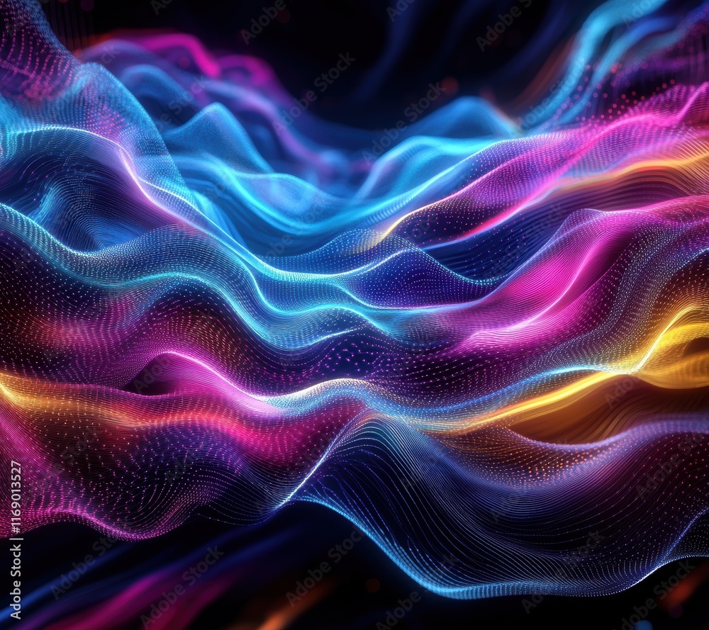 Fototapeta premium This captivating abstract artwork showcases intertwining strands of blue, pink, and orange light against a dark background, creating a mesmerizing visual experience that evokes dynamism and energy.