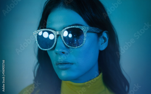 A woman with long dark hair, wearing oversized sunglasses with a glittery texture. The sunglasses have reflective lenses that seem to capture some ambient light.  photo