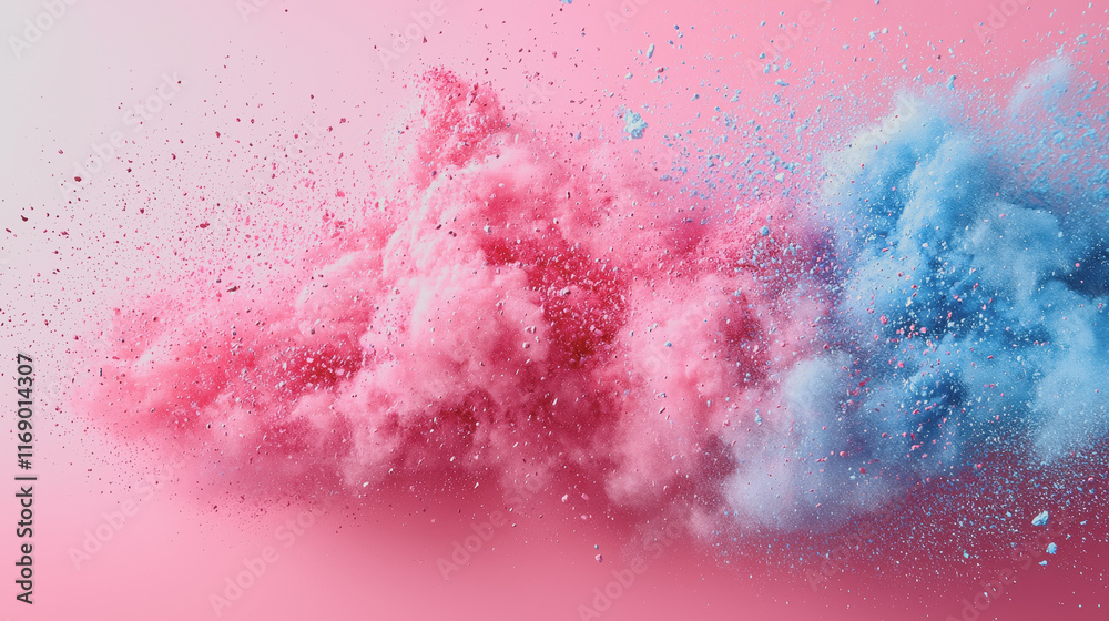 Obraz premium Vibrant powder-coated celebrations with colorful pink and blue powder clouds creating an energetic atmosphere for parties events and creative artistic expressions