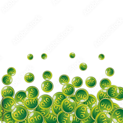 Vitamin Q10 round capsules scattered randomly.
