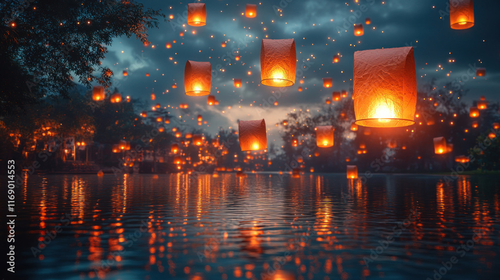 Obraz premium A Diwali festival of lights with lanterns floating in the air and a glowing ambiance