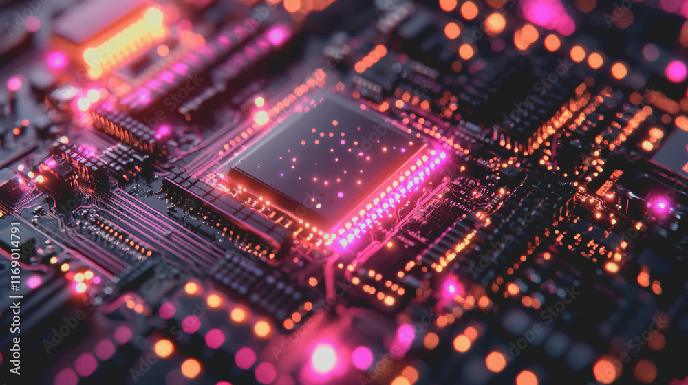 Futuristic Computer Processor Illuminated with Vibrant Pink Lights Showcasing Advanced Technology and Intricate Circuitry in a Sleek and Modern Digital Environment