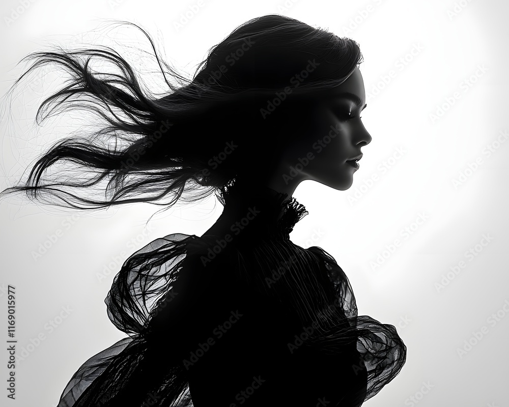 Fototapeta premium Elegant Silhouette of a Woman in Flowing Dress Twirling in the Wind