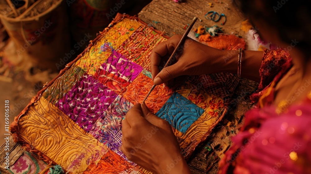 A person crafting colorful textile art with intricate patterns. A person crafting colorful textile art with intricate patterns.