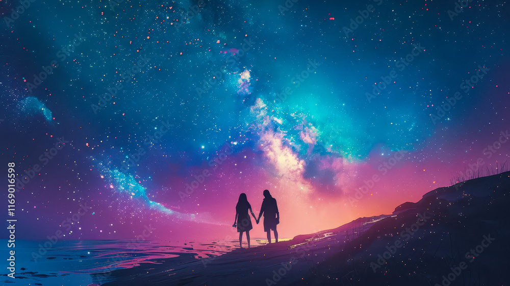 Fototapeta premium Young Romance Under Milky Way Galaxy Illustration, Couple Holding Hands Stargazing Night Sky, Romantic Dreamy Evening Landscape