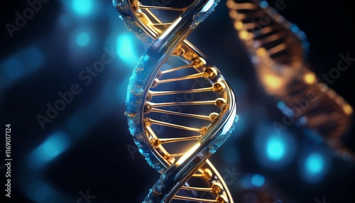 glowing blue and gold dna molecule is rotating on a dark background