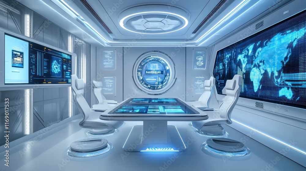 Fototapeta premium A high-tech executive room with a smart table, floating chairs, and interactive digital displays integrated into the walls