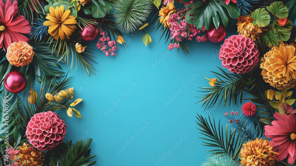 Fototapeta premium Vibrant traditional celebrations with tropical flowers and leaves on blue background showcasing cultural richness and festive spirit in a vibrant composition of colors and textures