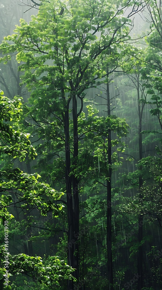 Fototapeta premium trees with bright green leaves drenched in rain misty atmosphere during downpour