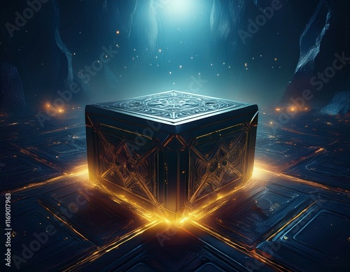 a mysterious black box floating in a dark void glowing with a faint eerie light black box enigma of the unknown