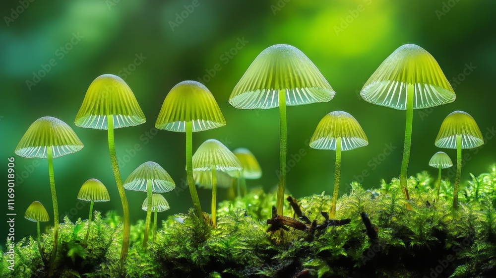 Enchanting Macro Glow: Luminous Mushroom Caps in Moody Forest Setting Enchanting Macro Glow: Luminous Mushroom Caps in Moody Forest Setting