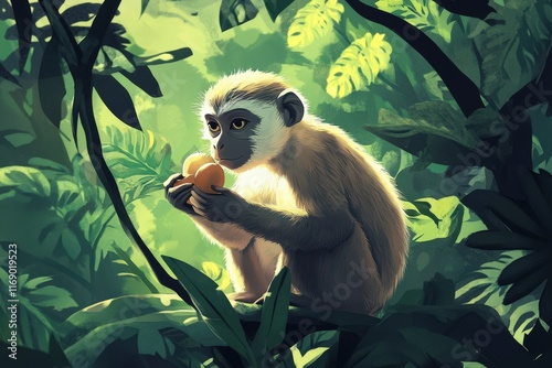 Monkey Eating Fruit in Lush Tropical Foliage photo