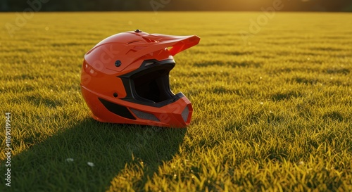 Orange Motocross Helmet Rests In Golden Grass photo