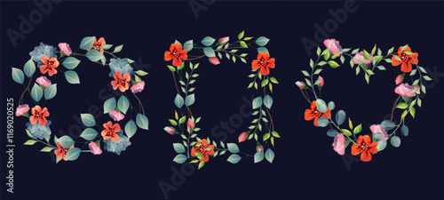 Set of floral frames or wreath borders. Vector flower decoration or circle background, heart shape decor. Wedding invitational sign. Branch bouquet for greeting. Ornamental bloom. Round, circle shaped