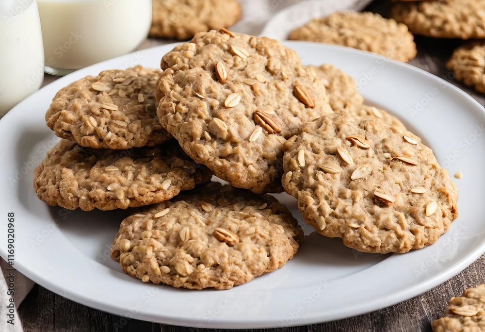 A close-up of freshly baked oatmeal cookies on a white plate A close-up of freshly baked oatmeal cookies on a white plate