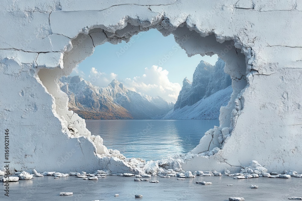 distinctive hole in a clean white wall offering a glimpse into a hidden world beyond symbolizing potential and the idea of breaking through barriers