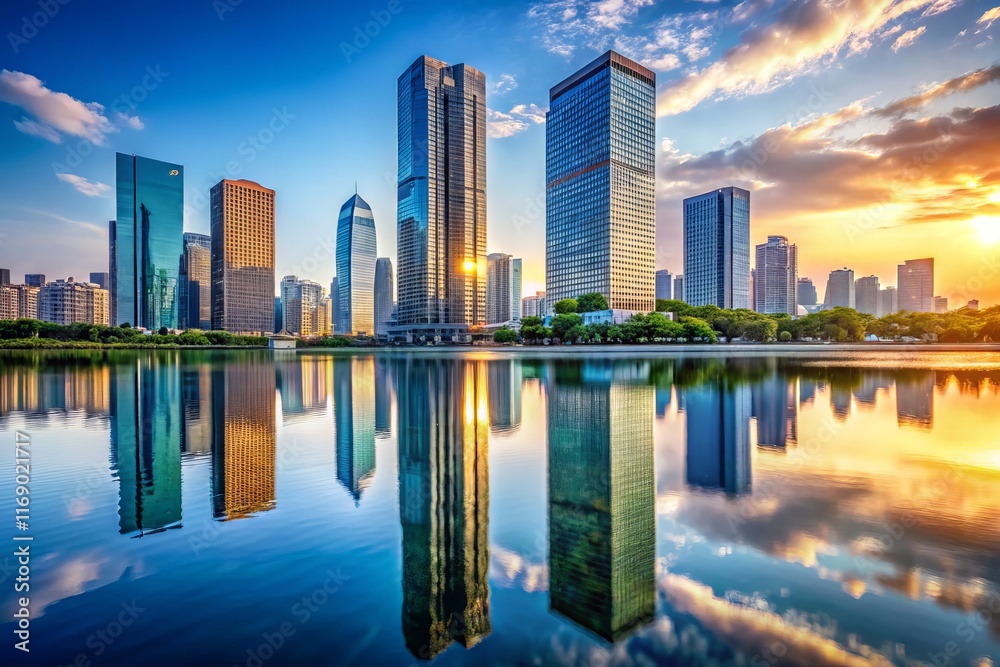 Modern City Architecture Reflection in Water - Urban Skyline Stock Photo Modern City Architecture Reflection in Water - Urban Skyline Stock Photo