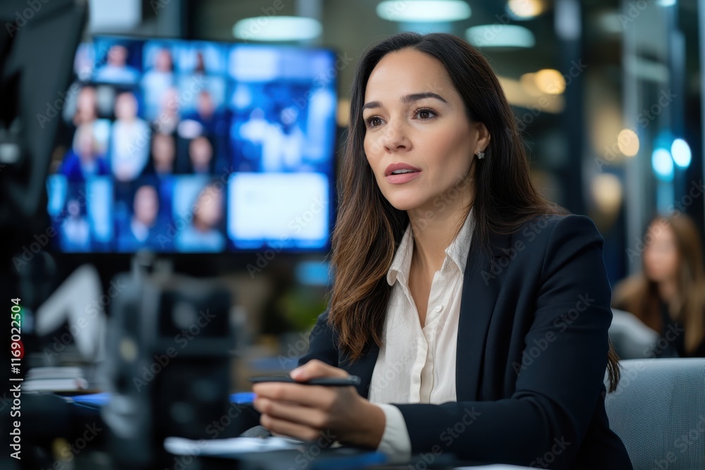 Fototapeta premium A confident woman is poised and speaking directly into the camera in a vibrant media environment, showcasing her professional presence and authority in journalism.