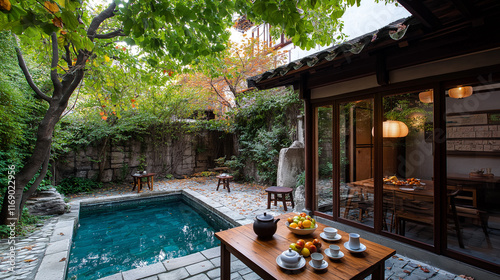 Wallpaper Mural Serene Courtyard Oasis: Tranquil Asian-inspired courtyard with a plunge pool, wooden furniture, and lush greenery. Perfect for relaxation and contemplation.  Torontodigital.ca
