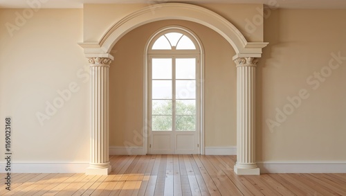 A serene beige living room with an elegant design, featuring soft-toned furniture, stylish decor, large windows allowing natural light, and a peaceful, inviting atmosphere for ultimate comfort