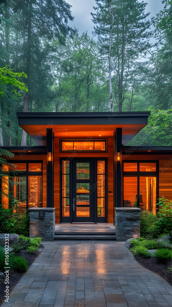 Naklejka premium Modern house entrance with wooden facade, glass door, and stone pathway, illuminated at dusk.