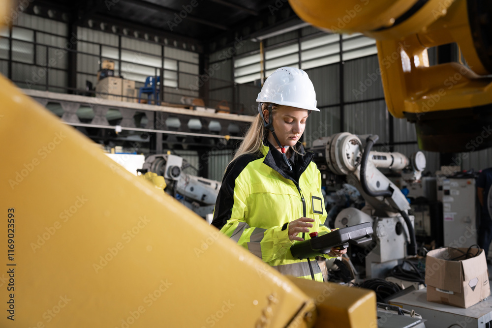 Business or engineer Caucasian woman checking with control a robot arm with remote computer Business or engineer Caucasian woman checking with control a robot arm with remote computer