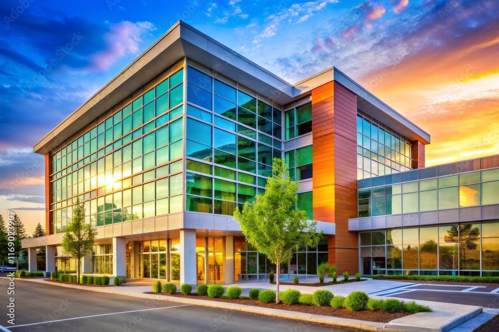 Fototapeta premium Modern Hospital Exterior - Healthcare Facility Facade, Rule of Thirds Composition