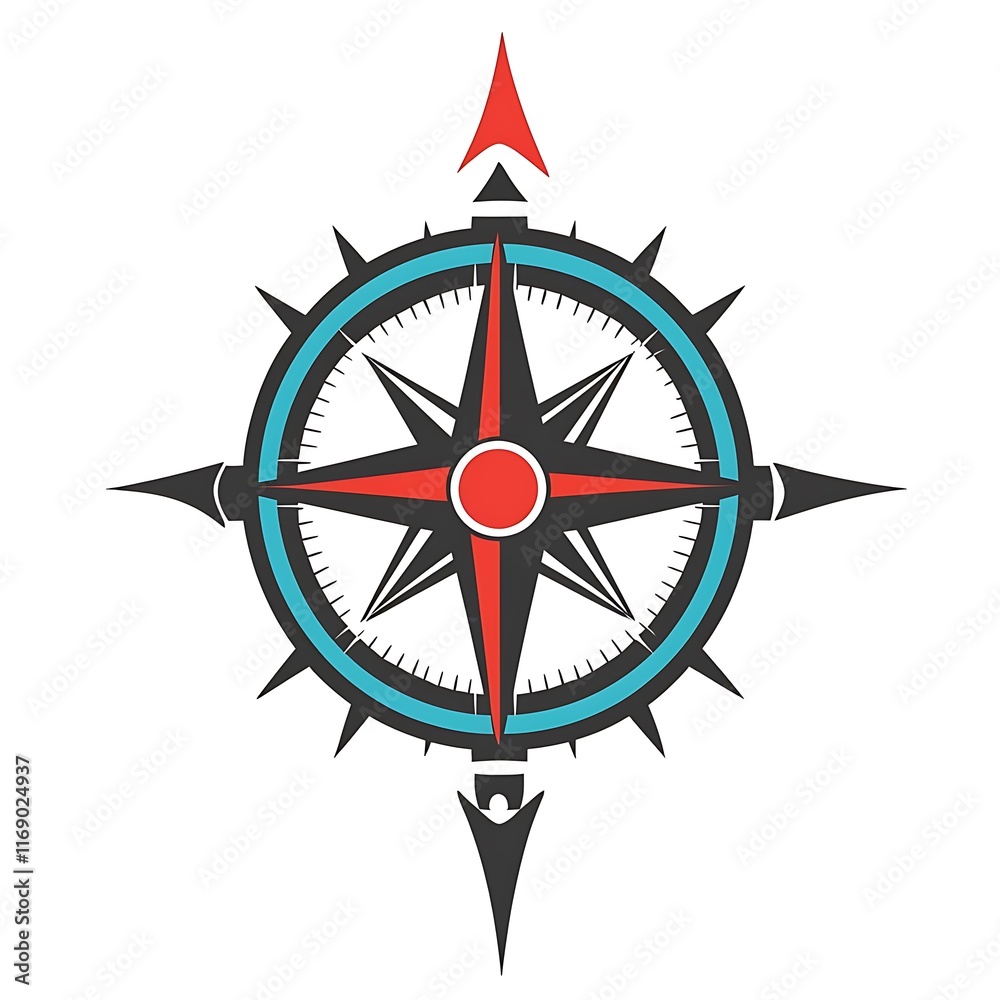 Stylized compass rose with red, gray, and teal accents, isolated on white. Stylized compass rose with red, gray, and teal accents, isolated on white.