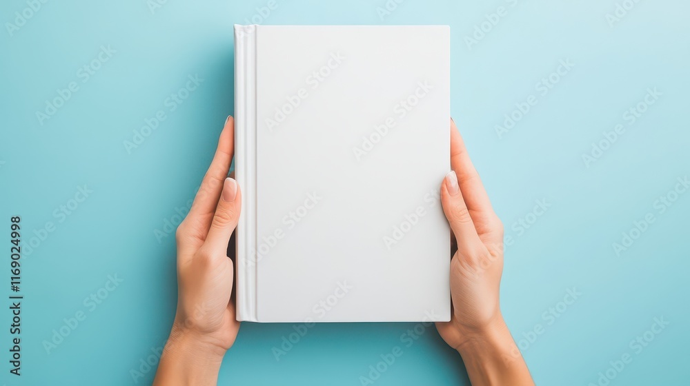 Top view of a blank white book cover being held by a woman on blue background Top view of a blank white book cover being held by a woman on blue background