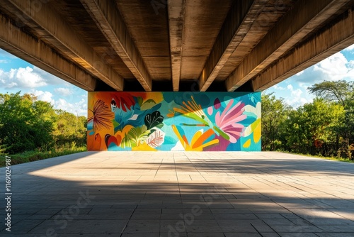 Colorful mural under bridge with abstract floral design in outdoor urban setting