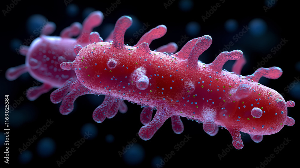 Colorful microscopic view of single bacterium on dark background Colorful microscopic view of single bacterium on dark background