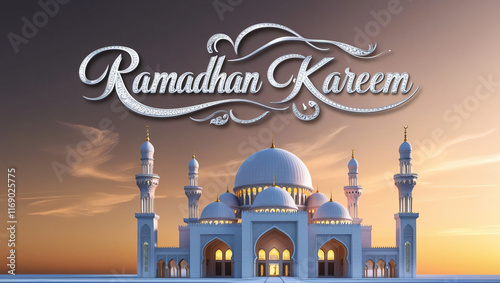 The background illustration is themed on the month of Ramadan Kareem, featuring a magnificent mosque and Islamic elements with a calm feel, suitable as wallpaper to welcome the holy month of Ramadhan.