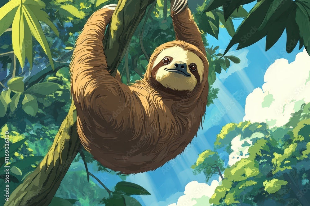 Sloth Hanging From A Tree Branch In Lush Rainforest Sloth Hanging From A Tree Branch In Lush Rainforest