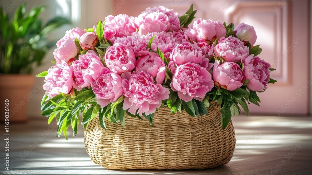 A basket filled with vibrant pink peonies. A basket filled with vibrant pink peonies.